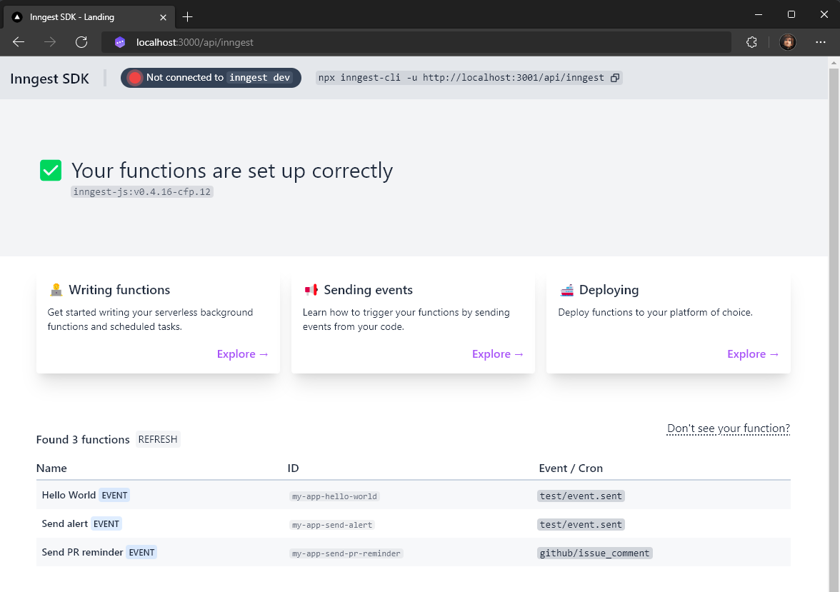 The SDK's local dashboard showing success